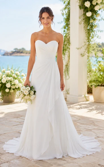 Strapless Chiffon A-Line Wedding Dress with Ruched Sweetheart Bodice and Train