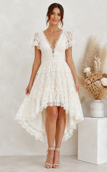 Boho Summer Princess A-Line Wedding Dress Short Sleeve V-Neck Tulle Lace Ruffle High-Low White