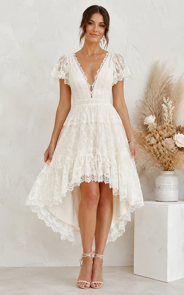 Boho Summer Princess A-Line Wedding Dress Short Sleeve V-Neck Tulle Lace Ruffle High-Low White