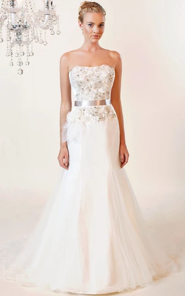 Mermaid Sleeveless Strapless Maxi Floral Tulle Wedding Dress With Bow And Beading