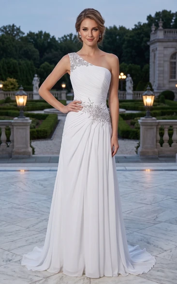 One-shoulder Sequined Long Pleated Chiffon Dress