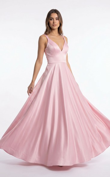 Blush Pink Satin Ball Gown V Neck A-Line Bridesmaid Prom Dress