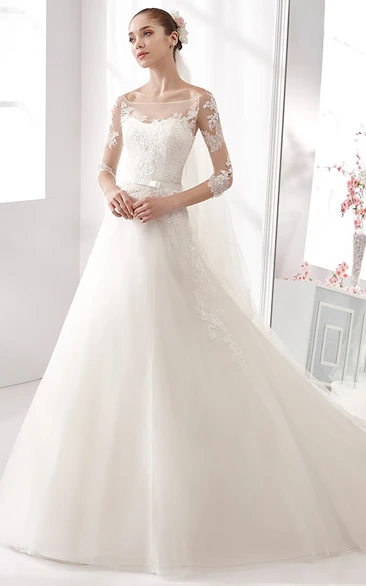 3-4-Sleeve A-Line Wedding Gown With Lace Bodice And Satin Sash
