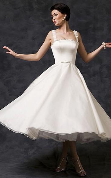 Tea-Length A-Line Sleeveless Strapped Beaded Satin Wedding Dress