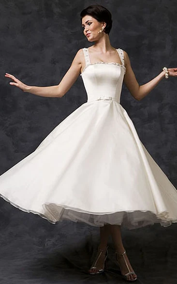 Tea-Length A-Line Sleeveless Strapped Beaded Satin Wedding Dress