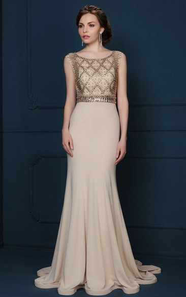 Sheath Sleeveless Scoop-Neck Floor-Length Crystal Jersey Evening Dress With Pleats