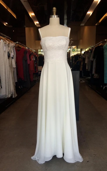 A-Line Chiffon Dress With Spaghetti Straps and Lace Bodice