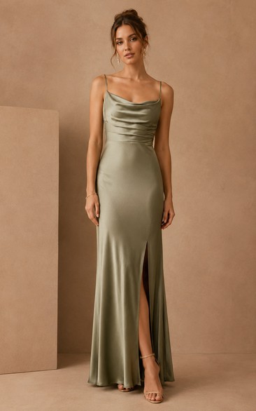 Sage Cowl Neck Charmeuse Sheath Dress