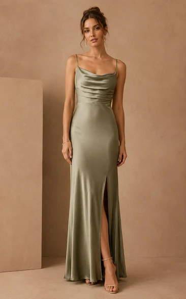 Sage Cowl Neck Charmeuse Sheath Dress