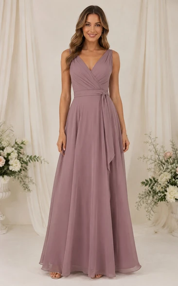 Mauve Chiffon V-neck A-Line Bridesmaid Dress