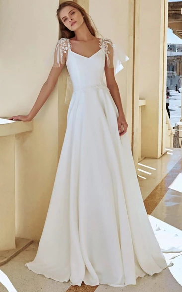 Cap Jersey Simple Spaghetti A-line Casual Wedding Dress with Sweep Train