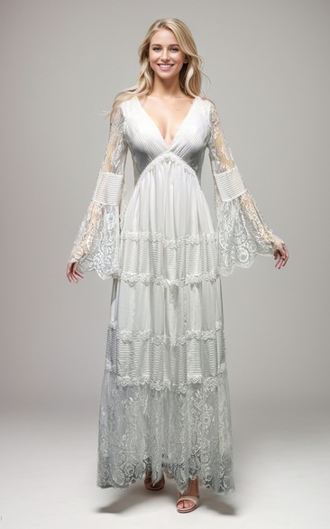 Lace Boho Bohemian Long Sleeve Low-v Back Beach Wedding Dress