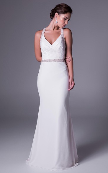 Sheath Ruched Haltered Long Sleeveless Chiffon Wedding Dress With Waist Jewellery