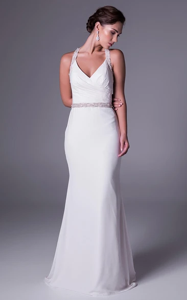 Sheath Ruched Haltered Long Sleeveless Chiffon Wedding Dress With Waist Jewellery