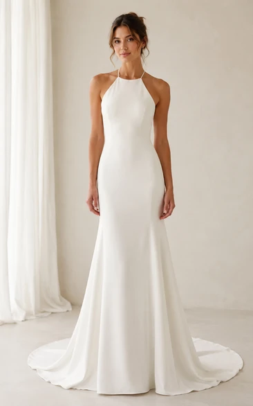Halter Crepe Mermaid Wedding Dress with Tie Neck Open Back and Sweep Train
