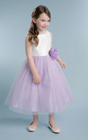 Tea-Length Tiered Tulle&Satin Flower Girl Dress