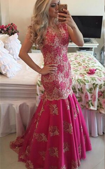 Chic Lace Appliques Mermaid Sequins Prom Dress Fuchsia Sweep Train