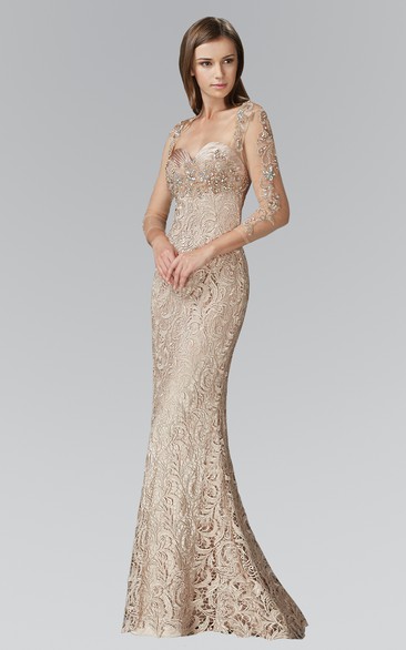 Sheath Floor-Length Sweetheart Long Sleeve Lace Dress With Beading