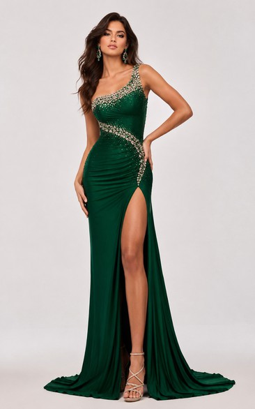 Dark Green One-Shoulder Mermaid Prom Gown