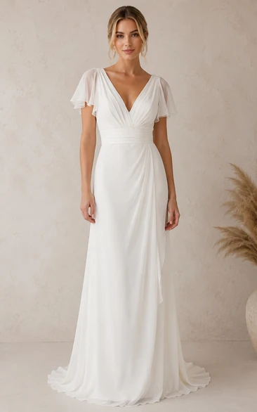 Ivory V-neck Chiffon A-line Wedding Dress with Ruching