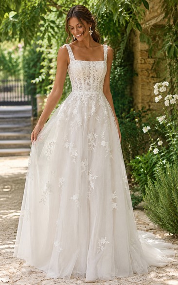 Square Strap A-Line Lace Wedding Dress with Applique Tulle Train