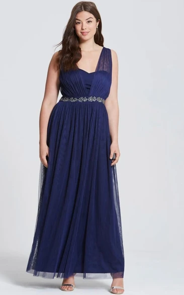 Ankle-Length Ruched Sleeveless V-Neck Tulle Bridesmaid Dress