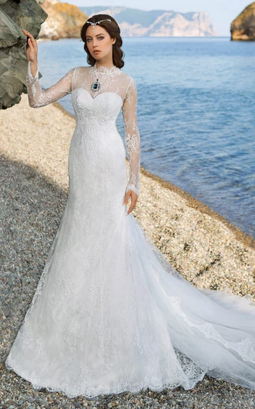 Sheath Floor-Length High-Neck Long-Sleeve Illusion Tulle Dress With Lace