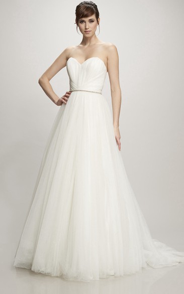 A-Line Jeweled Floor-Length Sweetheart Tulle Wedding Dress With Ruching And Brush Train