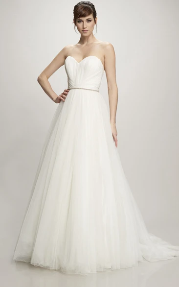 A-Line Jeweled Floor-Length Sweetheart Tulle Wedding Dress With Ruching And Brush Train