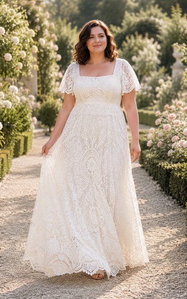 Plus Size A-Linien-Hochzeitskleid aus Spitze mit eckigem Ausschnitt und kurzen Ärmeln