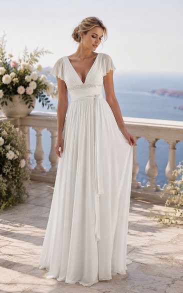 Vestido de novia de playa de gasa blanco con escote en V y mangas cortas, corte en A