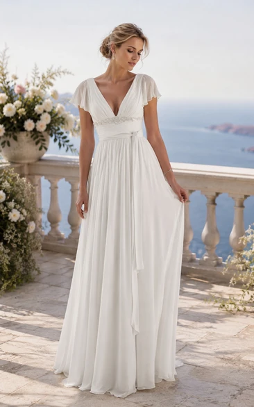 White V-Neck Cap Sleeve Chiffon A-Line Beach Wedding Dress