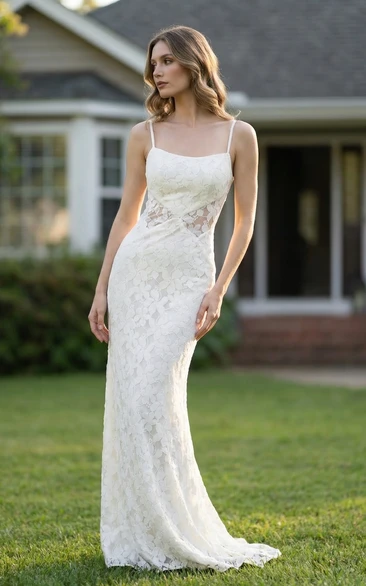 Long Sheath Lace Wedding Dress for Casual Beach