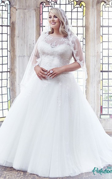 Ball Gown Scoop-Neck Sleeveless Long Tulle Plus Size Princess Wedding Dress With Appliques And Brush Train
