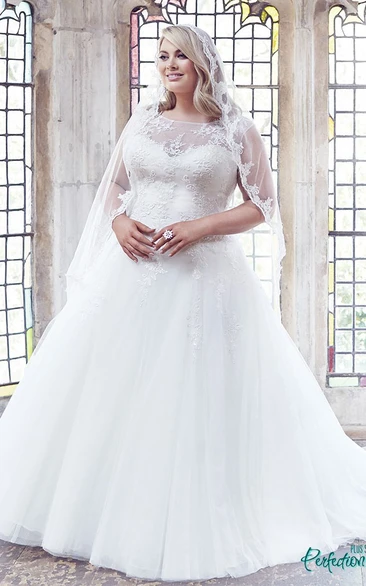 Ball Gown Scoop-Neck Sleeveless Long Tulle Plus Size Princess Wedding Dress With Appliques And Brush Train