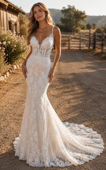 Spaghetti Strap Mermaid Lace Country Wedding Dress with Low Back and Chapel Train