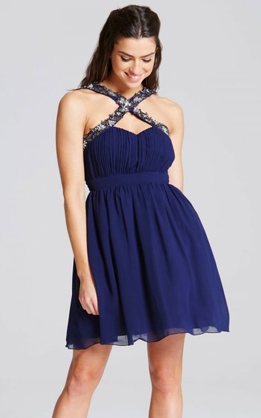 Mini Ruched Strapped Sleeveless Chiffon Bridesmaid Dress With Beading
