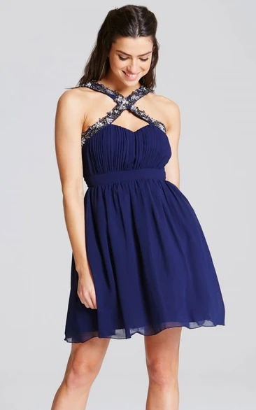 Mini Ruched Strapped Sleeveless Chiffon Bridesmaid Dress With Beading