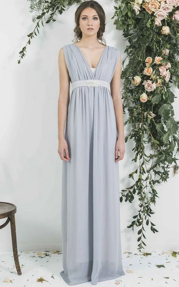 V-Neck Ruched Sleeveless Chiffon Bridesmaid Dress With Ribbon
