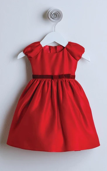 Bowed Cap-Sleeve Satin Flower Girl Dress