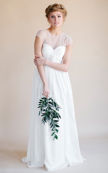 Sheath Empire Scoop-Neck Short-Sleeve Long Chiffon Wedding Dress With Keyhole