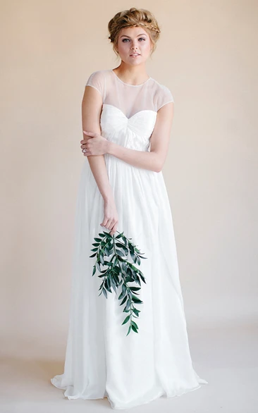 Sheath Empire Scoop-Neck Short-Sleeve Long Chiffon Wedding Dress With Keyhole
