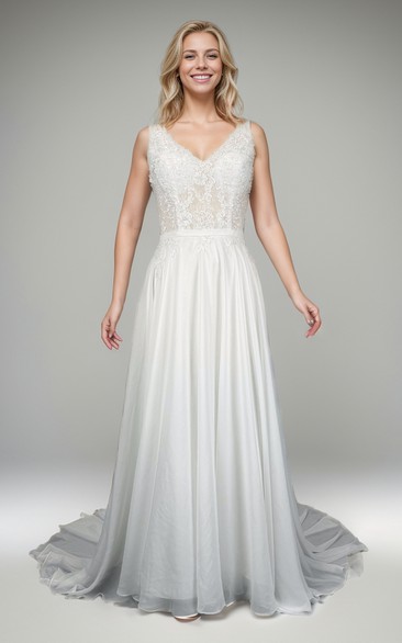 Boho Chiffon Lace A Line Sleeveless Low-v Back Wedding Dress with Beading