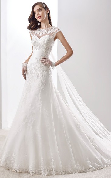 Strapless Illusion A-Line Satin Wedding Dress With Lace Belt And Back Bow
