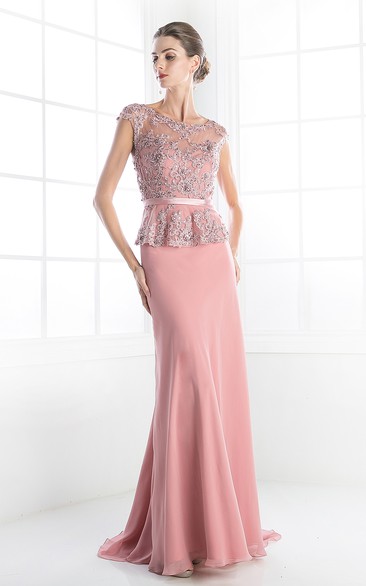 Sheath Long Scoop-Neck Cap-Sleeve Jersey Illusion Dress With Beading And Peplum