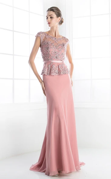 Sheath Long Scoop-Neck Cap-Sleeve Jersey Illusion Dress With Beading And Peplum