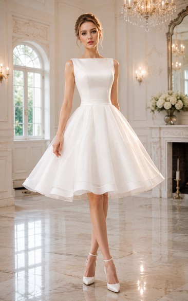 White Bateau Neck Tea-Length Organza Wedding Dress with Keyhole Back