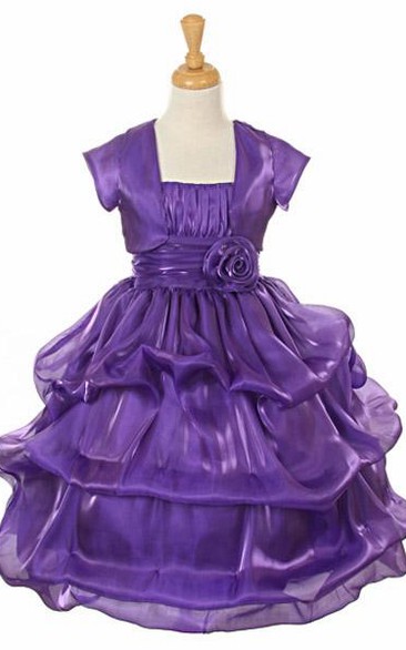 Spaghetti Tea-Length Bolero Ruched Organza&Satin Flower Girl Dress With Pick Up