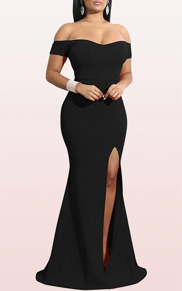 Modern Off-the-shoulder Jersey Mermaid Sleeveless Guest Formal Dress With Split Front