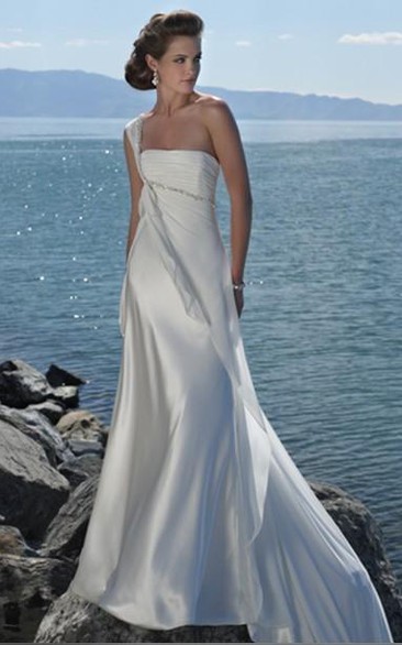 A-Line One Shoulder Beading Satin Court Train Wedding Dress